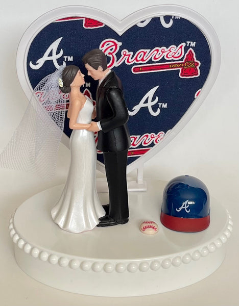 Wedding Cake Topper Atlanta Braves Baseball Themed Short-Haired Bride and Groom Pretty Heart Sports Fans Fun Unique Shower Reception Gift
