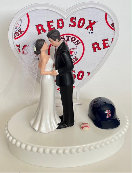 Wedding Cake Topper Boston Red Sox Baseball Themed Short-Haired Bride and Groom Pretty Heart Sports Fans Fun Unique Shower Reception Gift