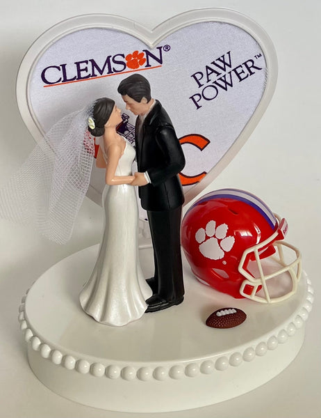 Wedding Cake Topper Clemson Tigers Football Themed Beautiful Short-Haired Bride and Groom One-of-a-Kind Sports Fan Cake Top Shower Gift