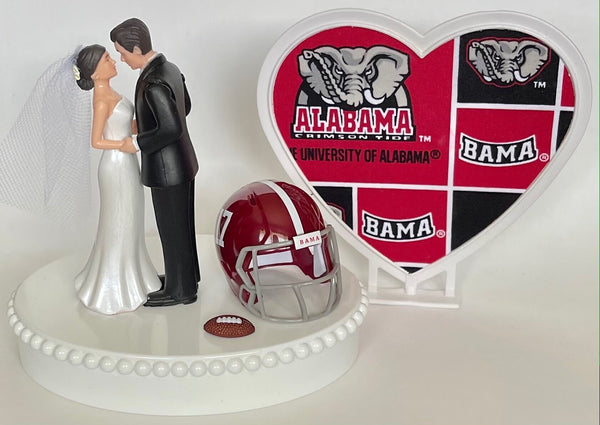 Wedding Cake Topper Alabama Crimson Tide Football Themed Beautiful Short-Haired Bride Groom One-of-a-Kind Sports Fan Cake Top Shower Gift
