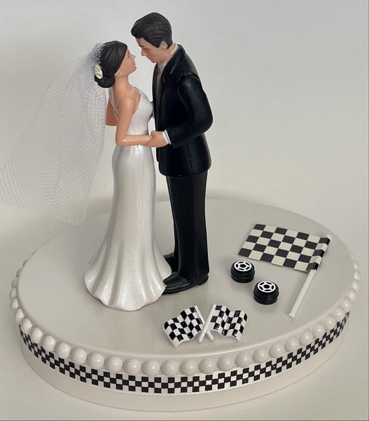 Wedding Cake Topper Checkered Flag Themed Auto Car Motorcycle Racing Sports Fan Pretty Short-Haired Bride Groom Bridal Shower Reception Gift