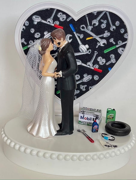 Wedding Cake Topper Auto Mechanic Themed Grease Monkey Tools Tire Oil Garage Shop Rag Car Repair Work Pretty Short-Haired Bride and Groom