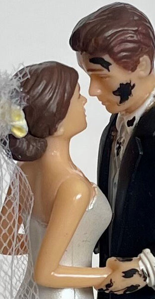 Wedding Cake Topper Auto Mechanic Themed Grease Monkey Tools Tire Oil Garage Shop Rag Car Repair Work Pretty Short-Haired Bride and Groom