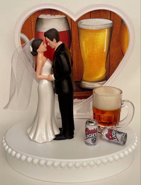 Wedding Cake Topper Coors Light Beer Themed Mug Cans Drinking Pretty Short-Haired Bride Groom OOAK Bridal Shower Reception Groom's Cake Gift