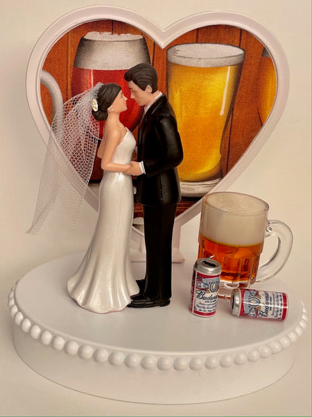 Wedding Cake Topper Budweiser Beer Themed Mug Cans Drink Bud Pretty Short-Haired Bride Groom OOAK Bridal Shower Reception Groom's Cake Gift