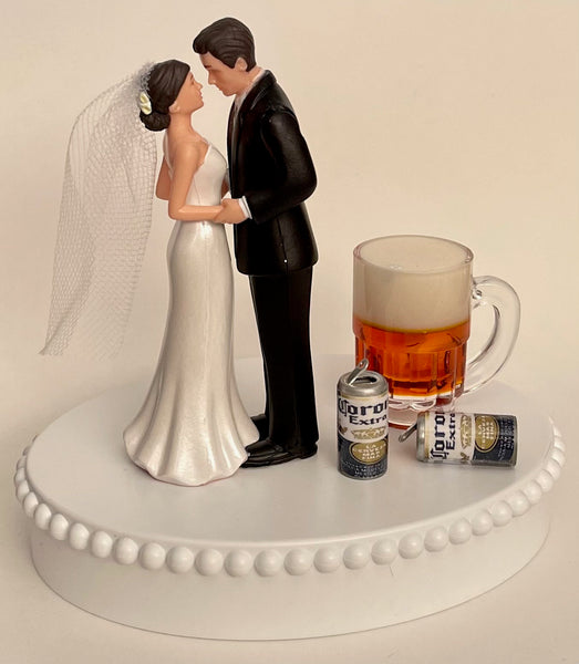 Wedding Cake Topper Corona Extra Beer Themed Mug Cans Drink Pretty Short-Haired Bride Groom OOAK Bridal Shower Reception Groom's Cake Gift