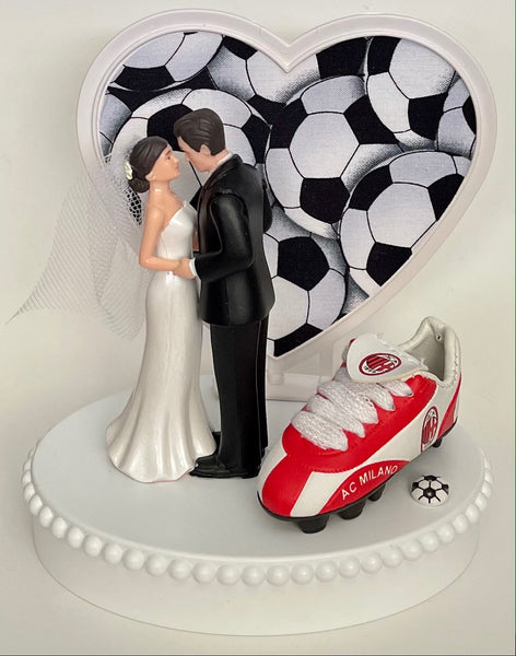 Wedding Cake Topper AC Milan Soccer Themed Italian Football Italy Milano Pretty Short-Haired Bride and Groom Sports Fan Groom's Cake Top