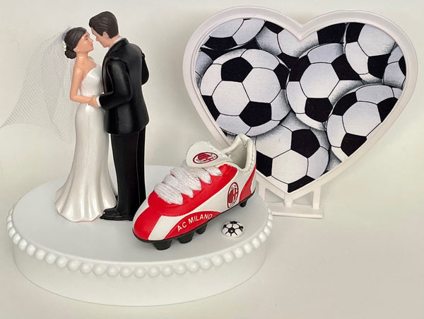 Wedding Cake Topper AC Milan Soccer Themed Italian Football Italy Milano Pretty Short-Haired Bride and Groom Sports Fan Groom's Cake Top