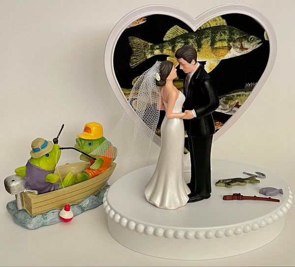 Wedding Cake Topper Fish in a Boat Fishing Themed Fish Bobber Pole Pretty Short-Haired Bride Groom OOAK Funny Groom's Cake Top Shower Gift
