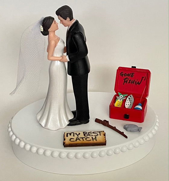 Wedding Cake Topper Gone Fishin' Fishing Themed My Best Catch Tackle Box Fish Pole Pretty Short-Haired Bride Groom OOAK Groom's Cake Top