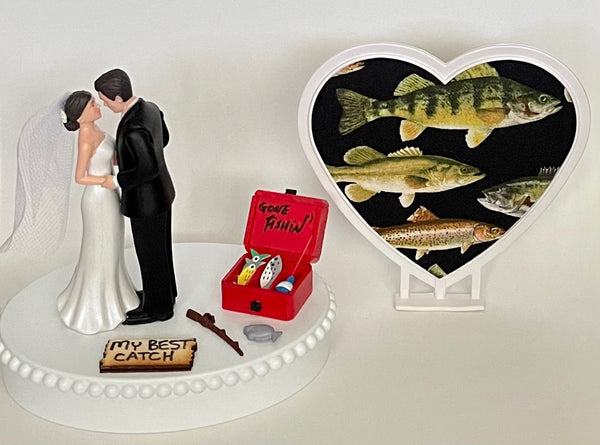Wedding Cake Topper Gone Fishin' Fishing Themed My Best Catch Tackle Box Fish Pole Pretty Short-Haired Bride Groom OOAK Groom's Cake Top