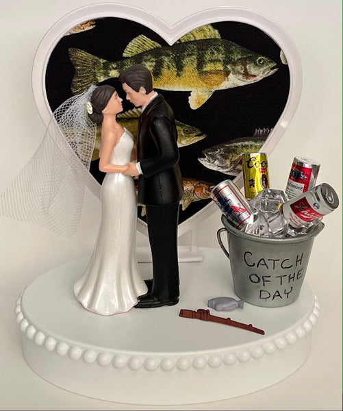 Wedding Cake Topper Beer and Fishing Themed Catch of the Day Ice Bucket Fisherman Fish Pretty Short-Haired Bride Groom OOAK Groom's Cake Top