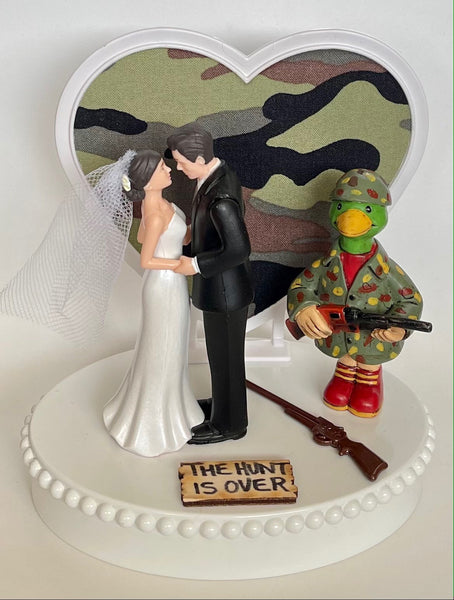 Wedding Cake Topper Duck Hunting Themed Hunter Pretty Short-Haired Bride and Groom Camo Heart One-of-a-Kind Bridal Shower Reception Gift