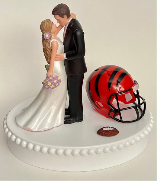 Wedding Cake Topper Cincinnati Bengals Football Themed Beautiful Long-Haired Bride Groom Fun Sports Fans One-of-a-Kind Reception Bridal Gift