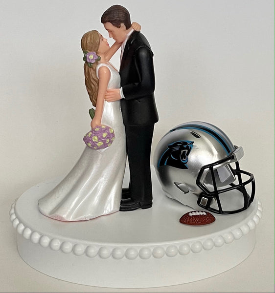 Wedding Cake Topper Carolina Panthers Football Themed Beautiful Long-Haired Bride Groom OOAK Sports Fan Fun Bridal Shower Reception Gift