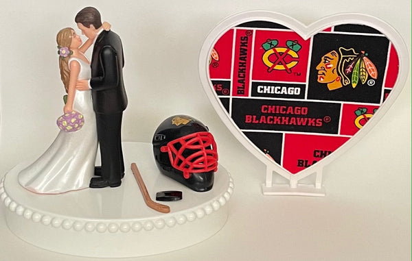 Wedding Cake Topper Chicago Blackhawks Hockey Themed Gorgeous Long-Haired Bride and Groom Fun Groom's Cake Top Reception Shower Gift Idea