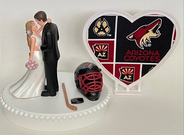 Wedding Cake Topper Arizona Coyotes Hockey Themed Gorgeous Long-Haired Bride and Groom Fun Groom's Cake Top Reception Shower Gift Idea