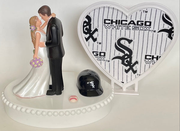 Wedding Cake Topper Chicago White Sox Baseball Themed Beautiful Long-Haired Bride and Groom Fun Groom's Cake Top Shower Gift Idea Reception