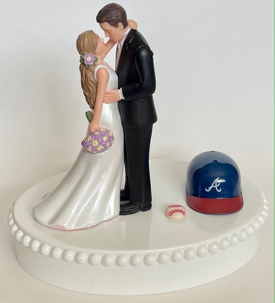 Wedding Cake Topper Atlanta Braves Baseball Themed Beautiful Long-Haired Bride and Groom Fun Groom's Cake Top Shower Gift Idea Reception