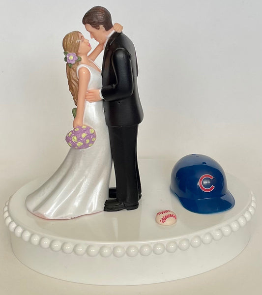 Wedding Cake Topper Chicago Cubs Baseball Themed Beautiful Long-Haired Bride and Groom Fun Groom's Cake Top Shower Gift Idea Reception