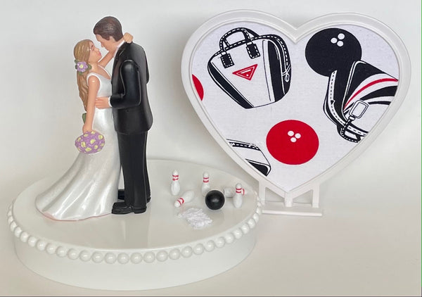 Wedding Cake Topper Bowling Themed Pins Towel Beautiful Long-Haired Bride Groom Fun Bridal Shower Reception Gift Unique Groom's Cake Top
