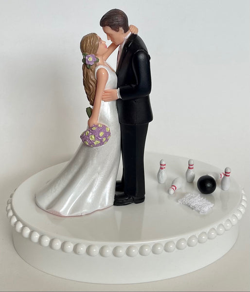 Wedding Cake Topper Bowling Themed Pins Towel Beautiful Long-Haired Bride Groom Fun Bridal Shower Reception Gift Unique Groom's Cake Top