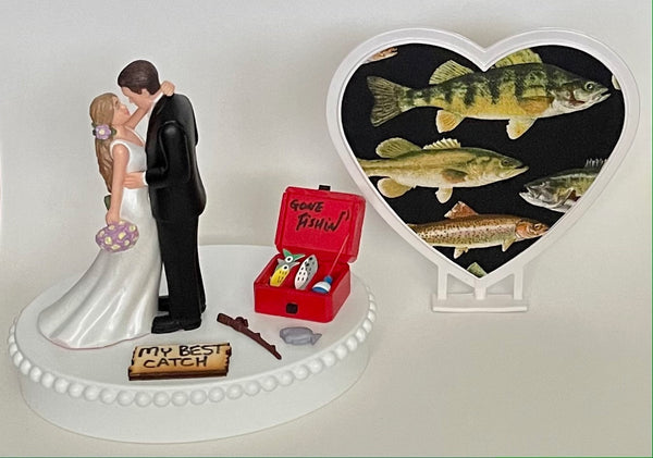 Wedding Cake Topper My Best Catch Fishing Themed Fisherman Fish Beautiful Long-Haired Bride Groom Bridal Shower Gift Unique Groom's Cake Top