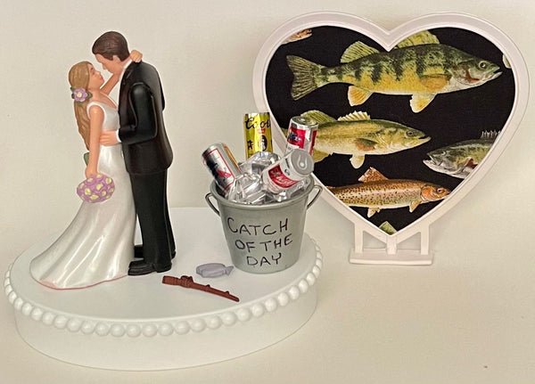 Wedding Cake Topper Catch of the Day Fishing and Beer Themed Gorgeous Long-Haired Bride Groom Bridal Shower Gift Unique Groom's Cake Top