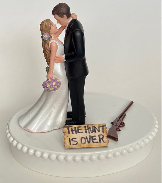 Wedding Cake Topper the Hunt is Over Themed Hunting Rifle Gorgeous Long-Haired Bride and Groom Camo Heart Background Unique Groom's Cake Top