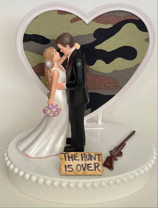 Wedding Cake Topper the Hunt is Over Themed Hunting Rifle Gorgeous Long-Haired Bride and Groom Camo Heart Background Unique Groom's Cake Top