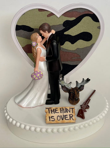 Wedding Cake Topper the Hunt is Over Themed Hunting Rifle Deer Head Pretty Long-Haired Bride and Groom Green Camo Heart Fun OOAK Shower Gift