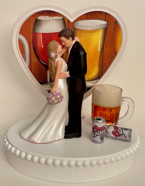 Wedding Cake Topper Coors Light Themed Cans Mug Beautiful Long-Haired Bride Groom Bridal Shower One-of-a-Kind Gift Unique Groom's Cake Top