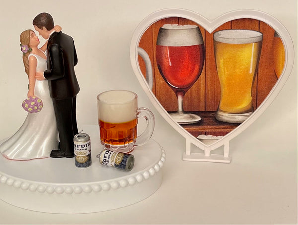Wedding Cake Topper Corona Extra Beer Themed Mug Cans Beautiful Long-Haired Bride and Groom OOAK Bridal Shower Gift Unique Groom's Cake Top