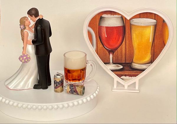 Wedding Cake Topper Coors Beer Themed Mug Cans Drinking Gorgeous Long-Haired Bride and Groom Fun Bridal Shower Gift Unique Groom's Cake Top