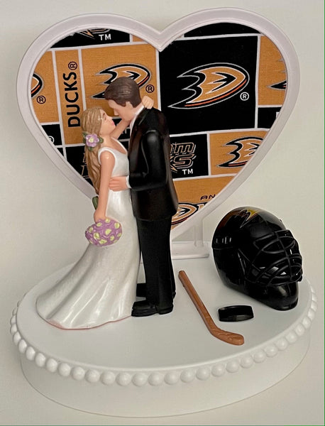 Wedding Cake Topper Anaheim Ducks Hockey Themed Beautiful Long-Haired Bride and Groom Fun Groom's Cake Top Shower Gift Idea Reception