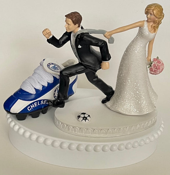 Wedding Cake Topper Chelsea FC Soccer English Football Themed England Running Humorous Bride Groom OOAK Funny Sports Fans Groom's Cake Top