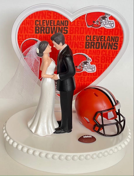 Wedding Cake Topper Cleveland Browns Football Themed Beautiful Short-Haired Bride and Groom One-of-a-Kind Sports Fan Cake Top Shower Gift