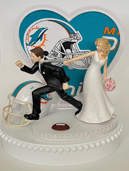 Wedding Cake Topper Miami Dolphins Football Themed Pulling Funny Bride and Groom Unique OOAK Humorous Sports Fan Reception Groom's Cake Top