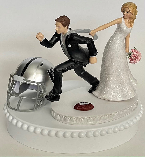 Wedding Cake Topper Las Vegas Raiders Football Themed Pulling Humorous Bride Groom Unique OOAK Funny Sports Fan Reception Groom's Cake Top