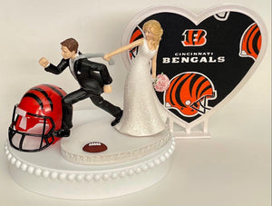 Wedding Cake Topper Cincinnati Bengals Football Themed Pulling Funny Bride and Groom Unique Humorous Sports Fan Reception Groom's Cake Top