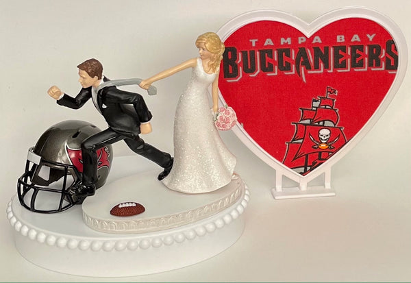 Wedding Cake Topper Tampa Bay Buccaneers Bucs Football Themed Pulling Funny Bride and Groom Unique Humorous Sports Fan TB Groom's Cake Top