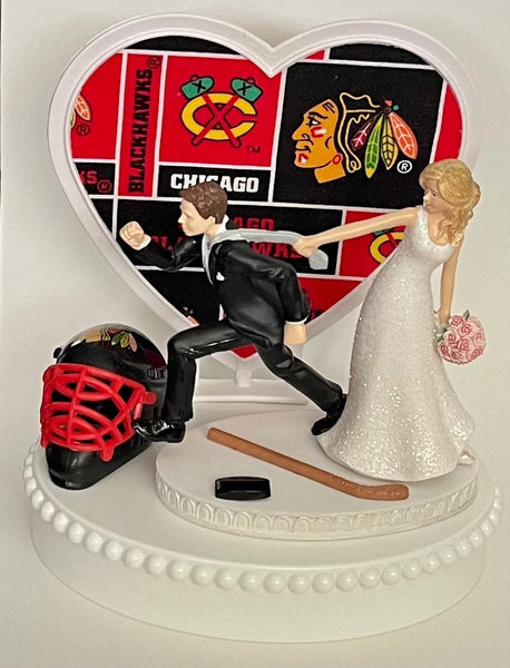 Wedding Cake Topper Chicago Blackhawks Hockey Themed Running Funny Humorous Bride Groom Black Hawks Sports Fan Reception Groom's Cake Top