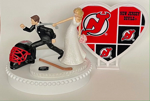 Wedding Cake Topper New Jersey Devils Hockey Themed Funny Bride and Groom NJ Sports Fans Fun Groom's Cake Top Unique Bridal Shower Gift Idea