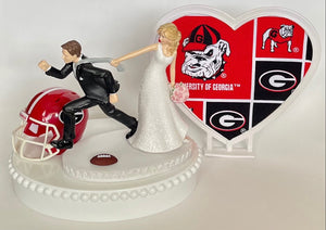 Wedding Cake Topper University of Georgia Bulldogs Football Themed Pulling Funny Bride Groom Humorous Sports Fan UGA Dawgs Groom's Cake Top