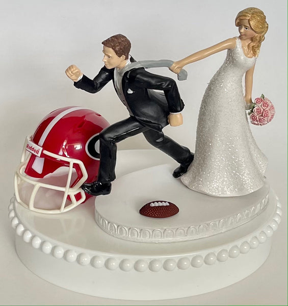 Wedding Cake Topper University of Georgia Bulldogs Football Themed Pulling Funny Bride Groom Humorous Sports Fan UGA Dawgs Groom's Cake Top