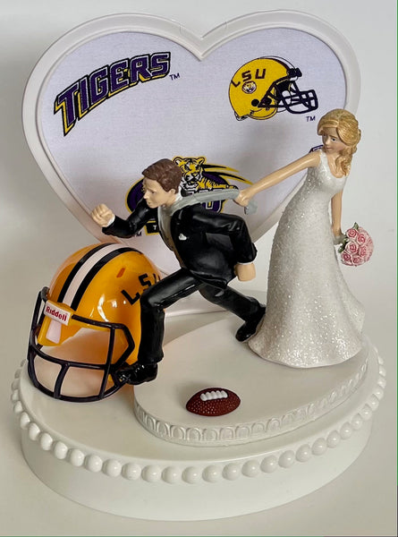 Wedding Cake Topper LSU Tigers Football Themed Pulling Funny Bride Groom Humorous Louisiana State University Sports Fans Groom's Cake Top