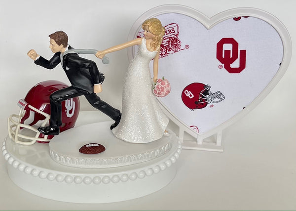 Wedding Cake Topper University of Oklahoma Sooners Football Themed Running Humorous Bride and Groom Funny OU Sports Fans Bridal Shower Gift