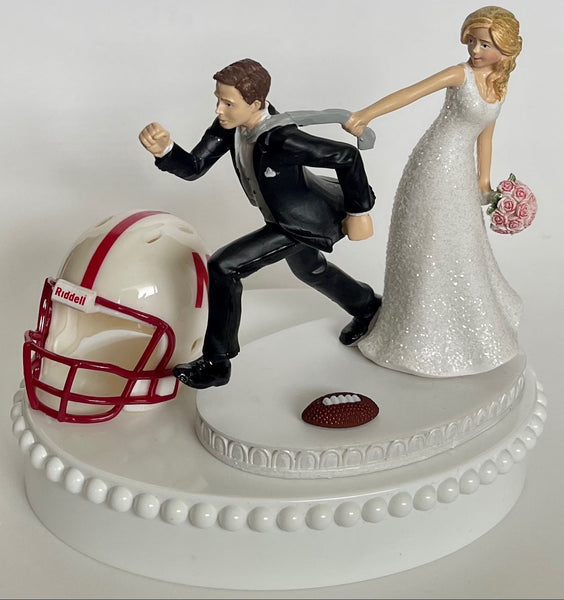 Wedding Cake Topper University of Nebraska Cornhuskers Football Themed Running Humorous Bride Groom NU Huskers Sports Fan Bridal Shower Gift
