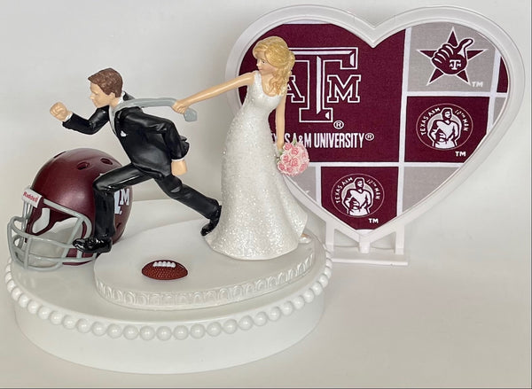 Wedding Cake Topper Texas A&M University Aggies Football Themed Running Humorous Bride and Groom Funny Sports Fans Bridal Shower Gift Idea