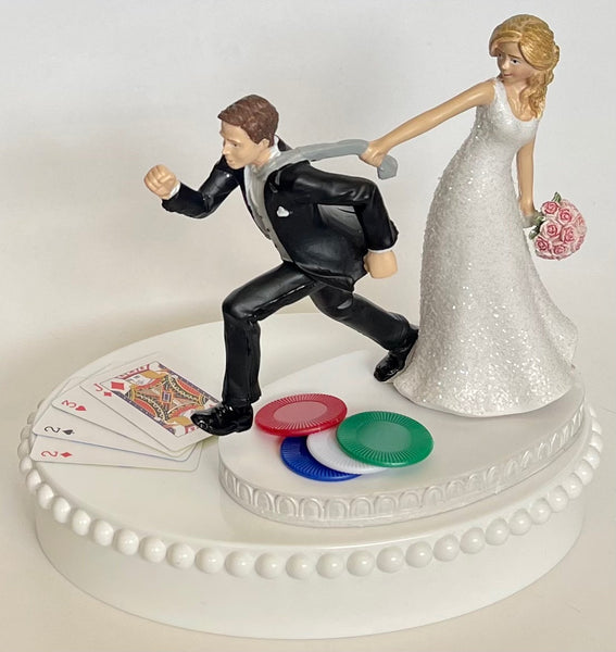 Wedding Cake Topper Card Playing Cards Poker Chips Blackjack Player Running Humorous Bride and Groom Hobby Fans Fun Bridal Shower Gift Idea